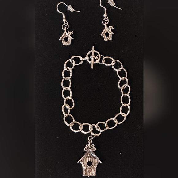 Silver Tone Birdhouse Charm Bracelet 7" and Earring Set Handmade - Picture 2 of 5